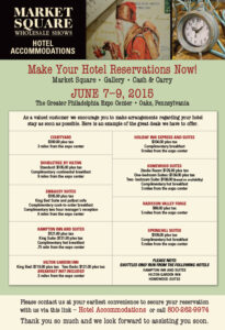 Make your hotel reservations for Market Square Shows in June at Valley Forge / Oaks, PA.